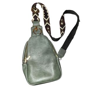 SLING Bag PU Leather Multipurpose Chest Bag Coffee‎ Hiking Cycling green